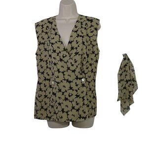 Vintage Panache Floral Black Tan Silk Wrap Top and Pocket Square Women Size 8